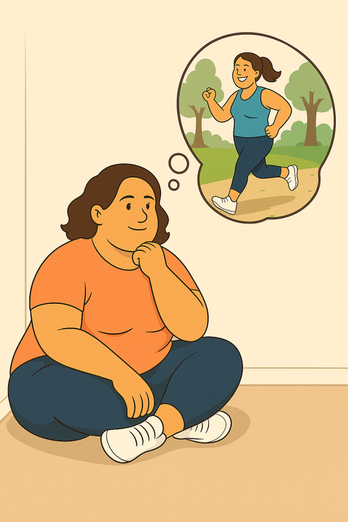 frau sitzend mit gedankenblase laufen